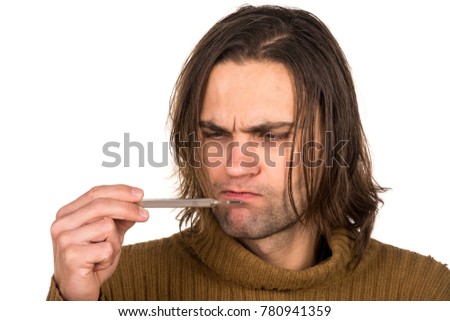 Ill person with symptoms of virus flu, headache, temperature and cough hold a thermometer and medicine pills. Healthcare medical and pharmaceutical concept. Isolated on abstract white background