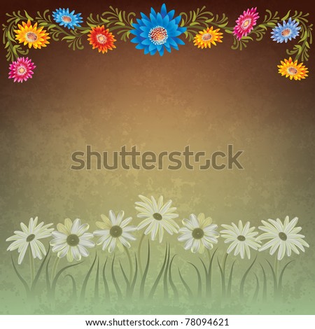 abstract grunge floral background with color flowers on green