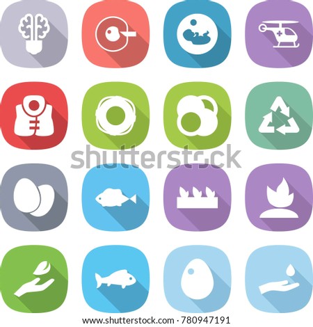 flat vector icon set - bulb brain vector, cell corection, pregnancy, ambulance helicopter, life vest, lifebuoy, atom core, recycle, eggs, fish, seedling, sprouting, hand leaf, egg, and drop