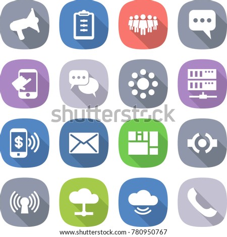 flat vector icon set - loudspeaker vector, clipboard, team, message, touch, discussion, round around, server, phone pay, mail, consolidated cargo, connect, antenna, cloud, service