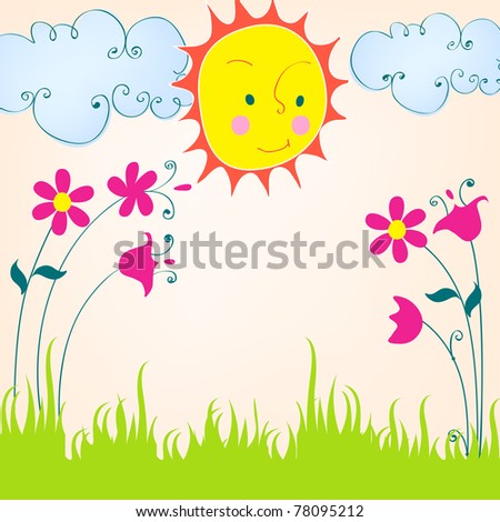 Cute summer illustration with sun and flowers