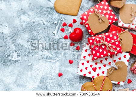 Valentines day gift boxes with heart shaped cookies and decorations. Holiday love background 
