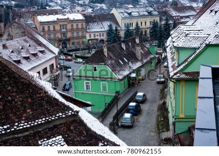 medieval town of Sighisoara in winter, Romania