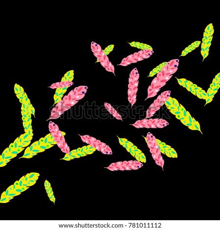 Feather Pattern, bright colorful background, cute and fun decoration. Black background. Vector illustration for celebration, party, carnival, festive holiday and Your project.
