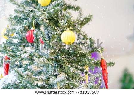 Christmas tree background and Christmas decorations with snow. Happy New Year and Xmas theme