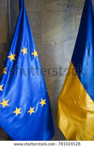 Ukraine and EU Flag Hanging Side By Side