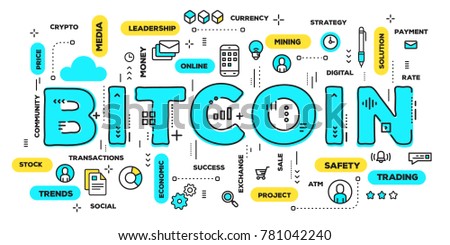 Crypto currency concept with tag cloud on white background. Vector creative illustration of bitcoin blue word lettering typography with line icons. Thin line art style design for financial web banner