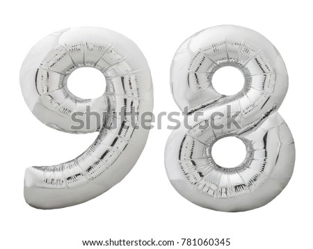 Silver metallic number 98 ninety eight made of inflatable balloon isolated on white background