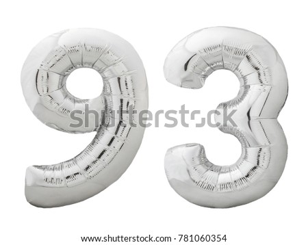 Silver metallic number 93 ninety three made of inflatable balloon isolated on white background Royalty-Free Stock Photo #781060354