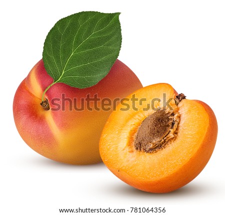 Fresh ripe apricot with leaf, one cut in half with bone isolated on white background. Clipping Path. Full depth of field.