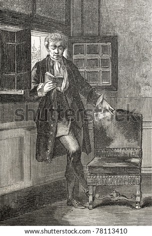 Old illustration of young man reading a book. Created by Chavet and Godefroy-Durand, published on L'Illustration Journal Universel, Paris, 1857