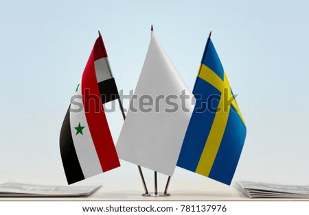 Flags of Syria and Sweden with a white flag in the middle
