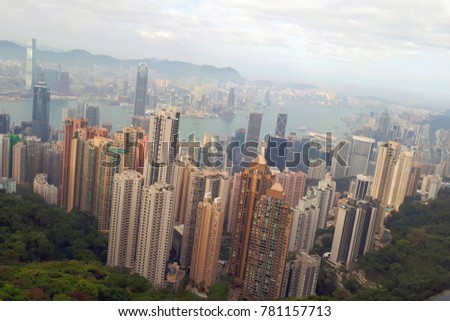 Tall Buildings view from The Peak at Hong Kong Island and Victoria Harbor
