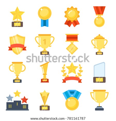 Golden cups for winners and others sport trophy. Golden reward and gold trophy for championship. Vector illustration Royalty-Free Stock Photo #781161787