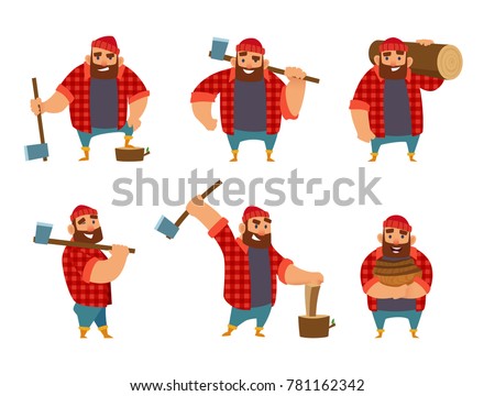 Lumberjack in different poses holding axe in hands. Vector pictures isolate on white. Worker lumber with wood, character cartoon woodcutter illustration Royalty-Free Stock Photo #781162342