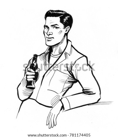 Young handsome man drinking a soda from the bottle. retro styled black and white illustration.
