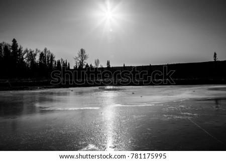 black and white nature landscape silhouette. Ice Texture. Morning Sunrise