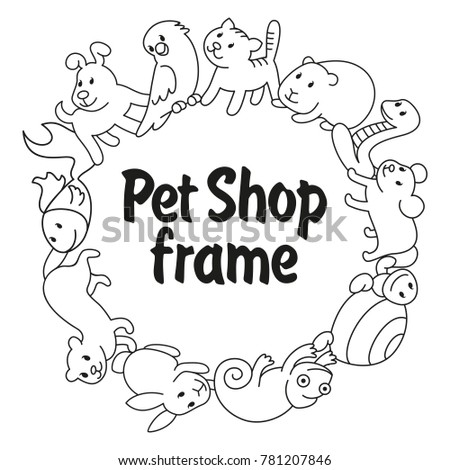 Round frame Pet shop, types of pets, cartoon illustrations animals in line style. Logo, pictogram, infographic elements