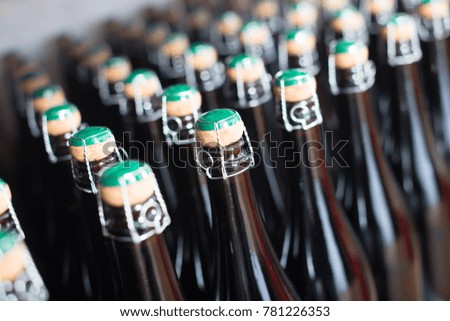 Lines of sparkling wine bottles on display on shelf