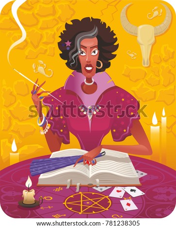 Witch - fortune teller with magic book. Vector illustration.