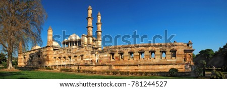 Panoramic view of Jami Masjid (mosque) at Champaner, Pavagadh Archeological Park in the state of Gujarat, India. A UNESCO World Heritage Site built in 16th century A.D. by Sultan Mahmud Begada. Royalty-Free Stock Photo #781244527