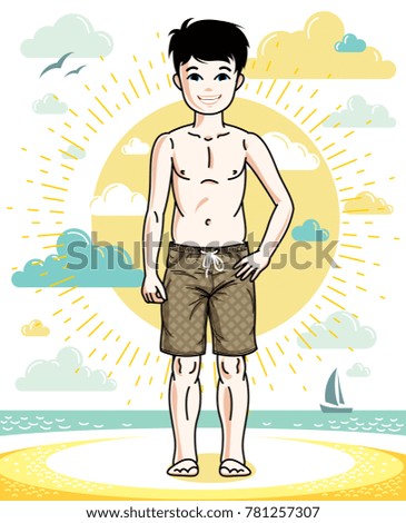 Little boy standing in colorful stylish beach shorts. character. Childhood lifestyle clip art.

