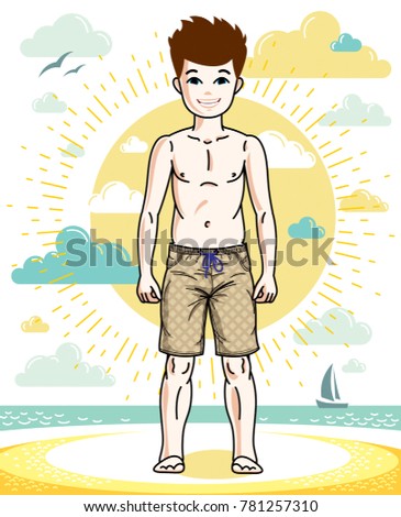 Sweet little boy young teen standing wearing fashionable beach shorts. human illustration. Childhood lifestyle clip art.

