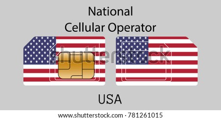 Vector image of both sides of a sim card with lines for its division into micro and mini sim cards, plotted  image of the flag of United States of America (USA) and text "National cellular operator"