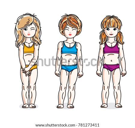 Happy little girls posing in colorful bikini. set of beautiful kids illustrations. Childhood and family lifestyle clip art.