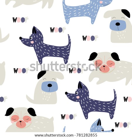 Funny dogs seamless pattern. Cute kids graphic. Vector hand drawn illustration.