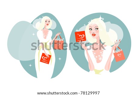 Shopping bride happy woman with wedding card, bag with flowers on sky background