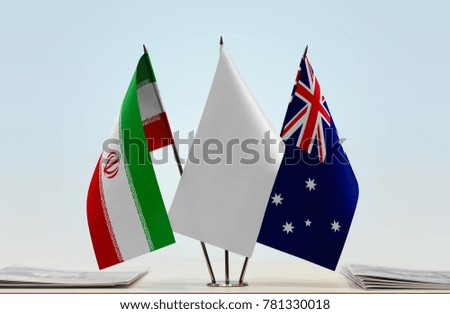 Flags of Iran and Australia with a white flag in the middle