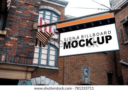 The mock up blank white display the horizontal shape of signboard hanging at wall of shop or restaurant, has light bulb for night time, with clipping path