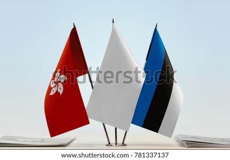 Flags of Hong Kong and Estonia with a white flag in the middle