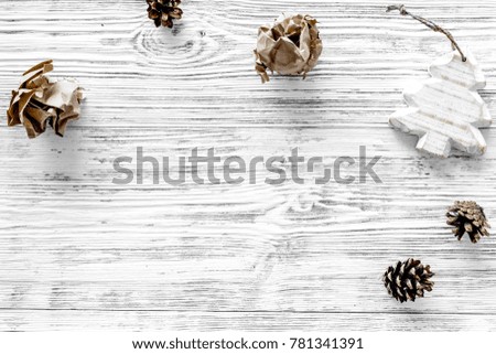 Christmas decoration on grey wooden background top view copyspac