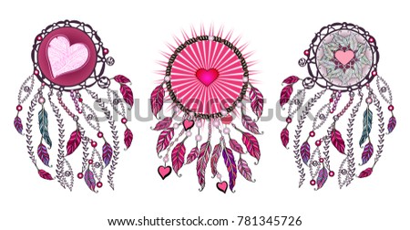 Ethnic set, tribal amulet. American Indians traditional symbol. Bohemian design heart. Vector Dream catcher.