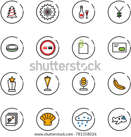line vector icon set - christmas tree vector, firework, wine, yen, coin, no overtake road sign, attachment, envelope, award, pennant, microphone, banana, photo, shell, snow, plane toy