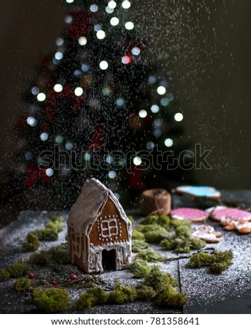 Gingerbread house with snow and lights