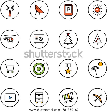 line vector icon set - antenna vector, satellite, parking sign, sun, helicopter, safe, christmas tree, cart, target, star medal, beach, playback, tool cabinet, xylophone, bow