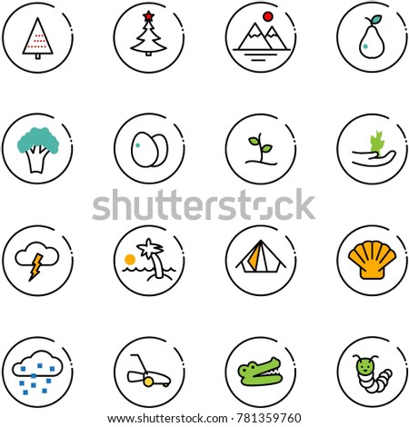line vector icon set - christmas tree vector, mountains, pear, broccoli, eggs, sproute, hand, storm, palm, tent, shell, snow, lawn mower, crocodile, toy caterpillar