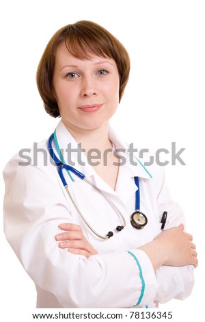 Woman doctor on a white background.