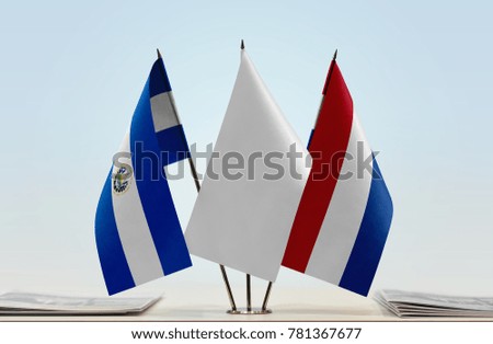 Flags of El Salvador and Netherlands with a white flag in the middle