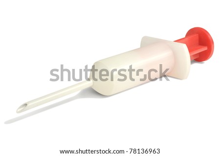 Children toy plastic syringe on a white background