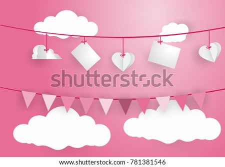 Valentine's day concept.love Invitation card abstract background,clouds,balloon  in a heart shape.Vector illustration.Paper and craft art