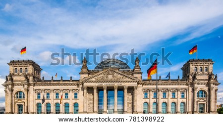 Reichstag houses of parliament in Berlin, Germany - Dem Deutschen Volke means To The German People Royalty-Free Stock Photo #781398922