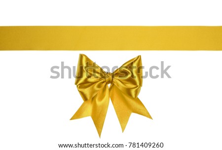 Set of big golden satin bow with tails with parallel horizontal ribbon isolated on white background