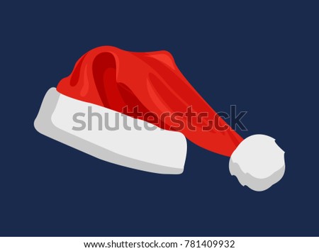 Hat of Santa Claus of red color, part of traditional costume of winter character, closeup of cap, vector illustration isolated on blue background