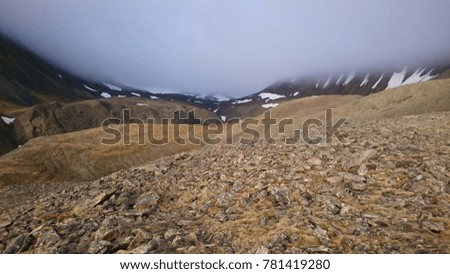Foggy Svalbard mountains in an Arctic desert