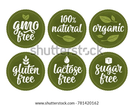 Gluten, lactose, sugar, Gmo free lettering with leaf, cube, drop. Vector white vintage illustration isolated on dark green circle sticker. Sign 100% natural organic food