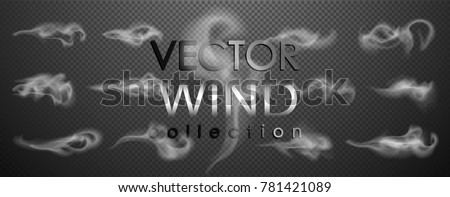 Smoke, wind vector collection, isolated, transparent background. Set of realistic white smoke steam, waves from coffee,tea,cigarettes, hot food,... Fog and mist effect.